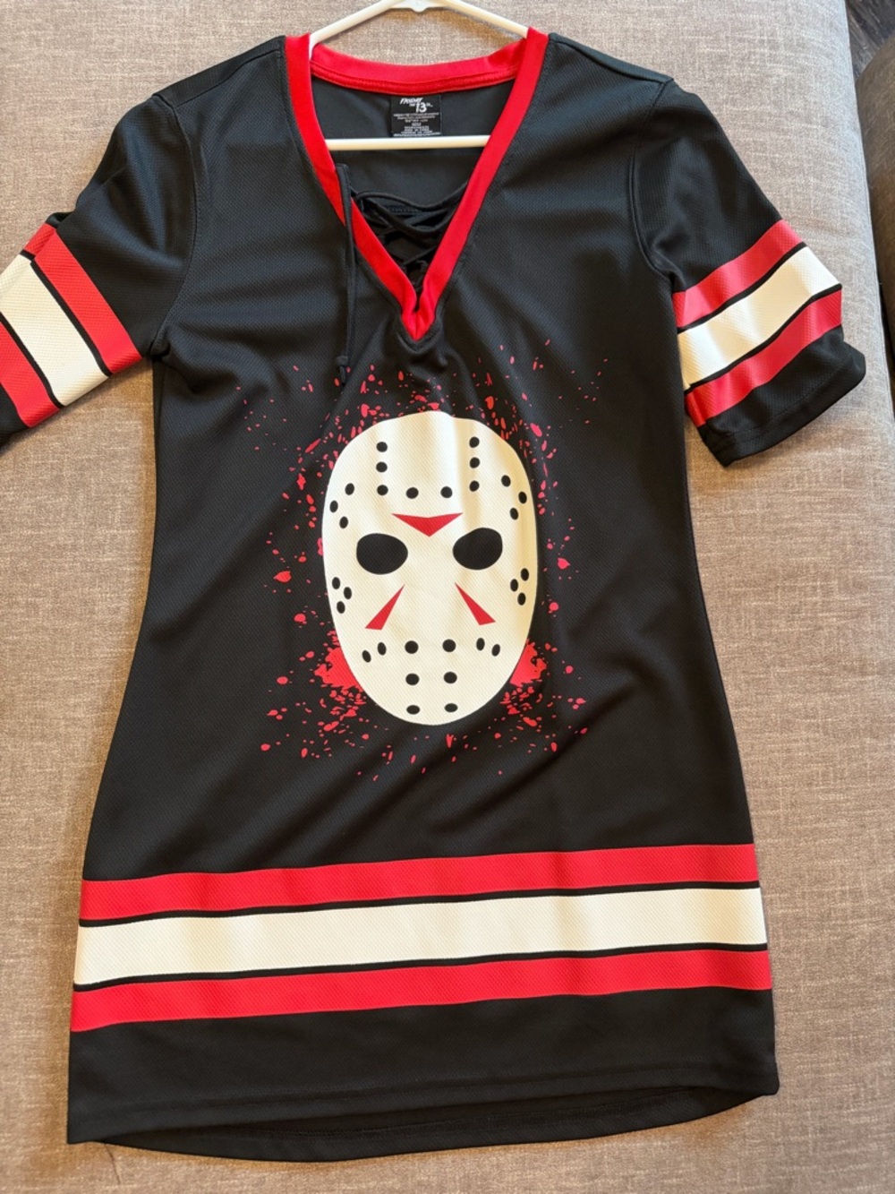 Friday The 13th Jersey Dress with Mask Graphic and Red/White Stripes